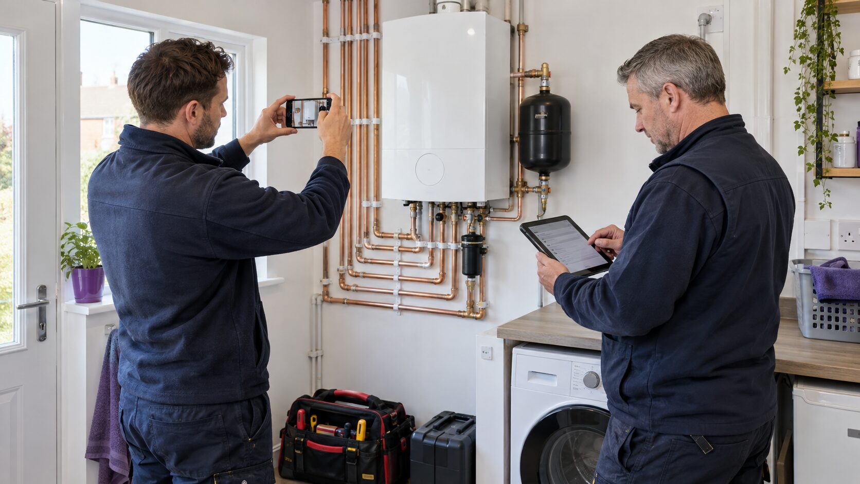 Two heating engineers documenting a completed boiler job with a photograph and tablet record