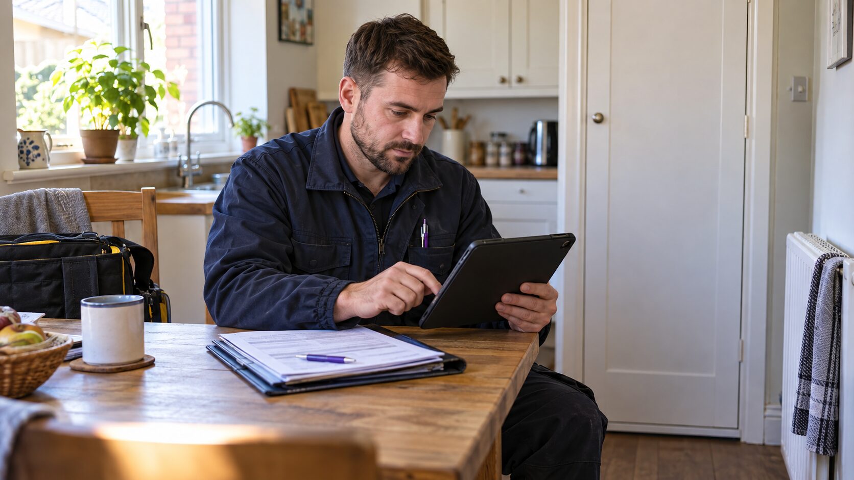 Gas engineer checking a completed digital gas safety record at a kitchen table