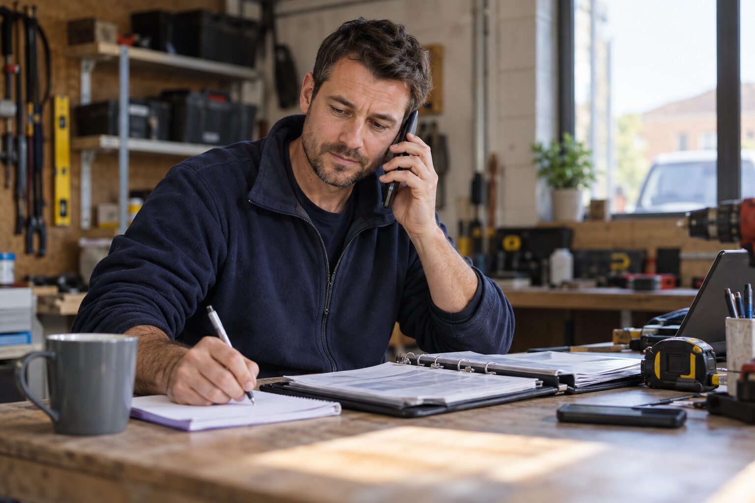 Trade business owner pausing an automated reminder while handling a customer dispute by phone