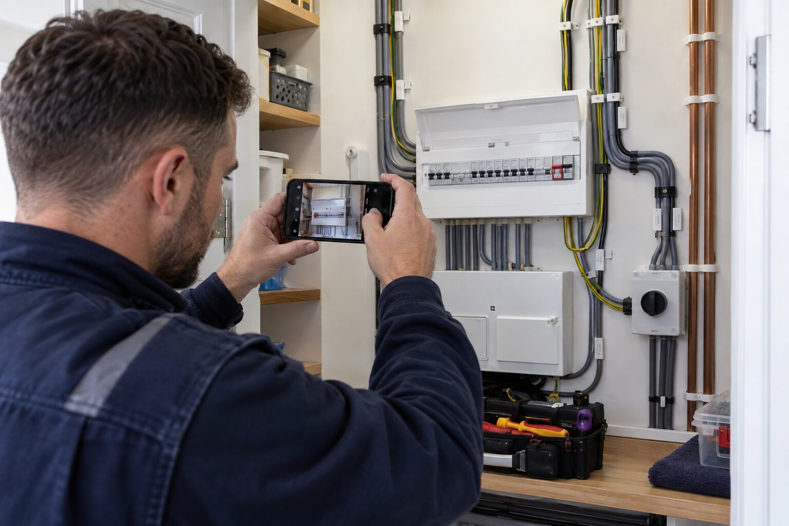 Electrician photographing completed work for the relevant digital job record