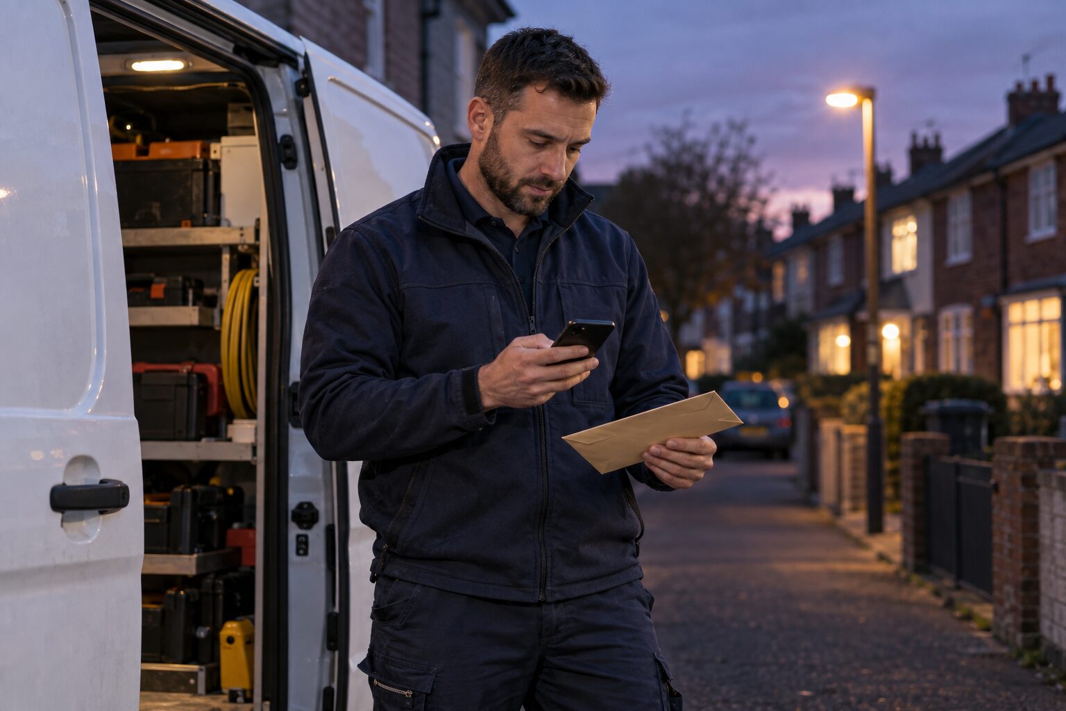 Gas engineer following up a failed digital delivery with a paper copy beside an unbranded van