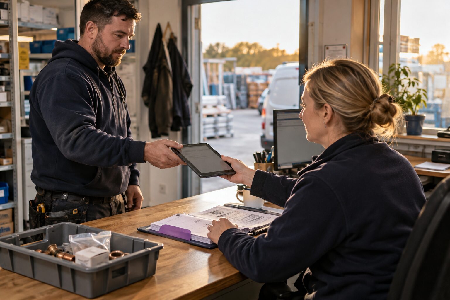 Plumbing engineer handing a completed digital job summary to the trade office coordinator