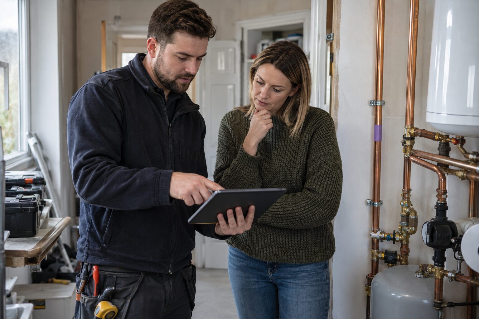 Heating engineer and homeowner agreeing a pipework variation on the same job record