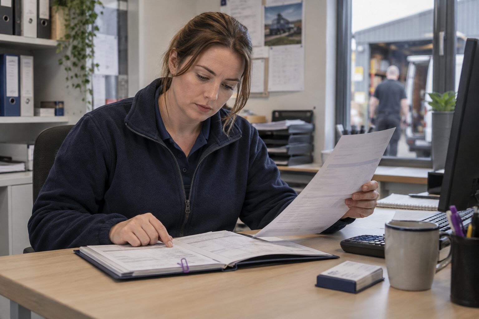 Trade office coordinator checking a completed job record against an invoice before sending a reminder