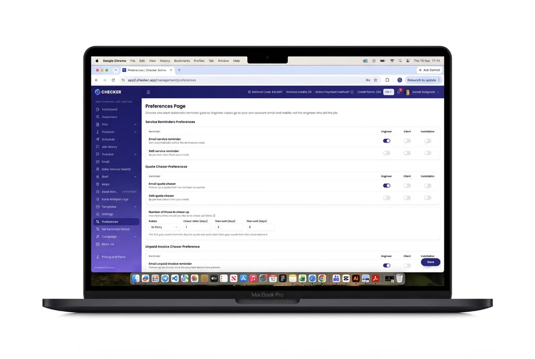 Checker Preferences page showing which reminders are on and who they are sent to