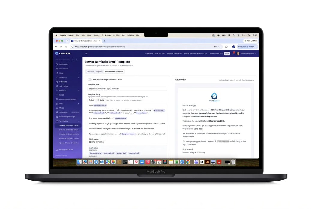 Checker template editor showing the wording of an automatic reminder