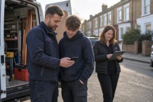 A UK heating engineer, a young apprentice and an office administrator stand at the open doors of a work van on a residential street, reading a shared job list together