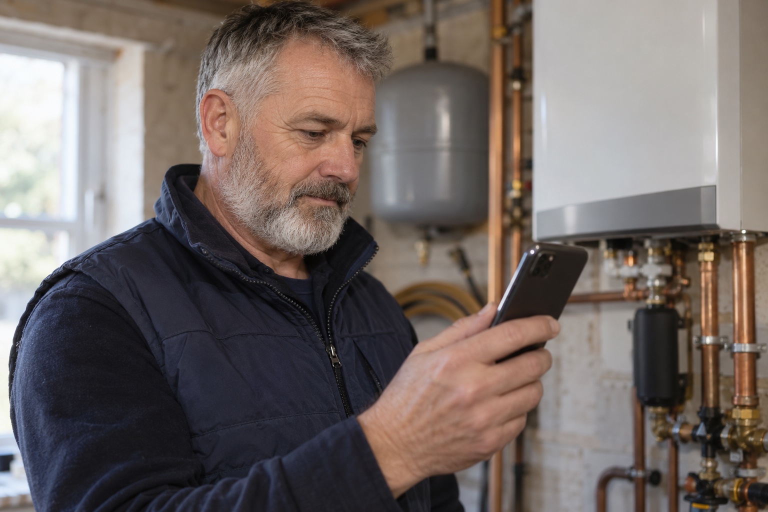 A gas engineer completes a landlord safety check and signs off a record on a phone in a utility cupboard