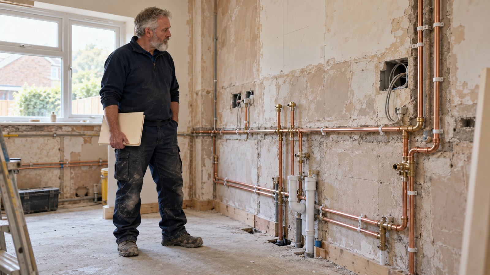 Engineer reviews first-fix plumbing work before its stage invoice