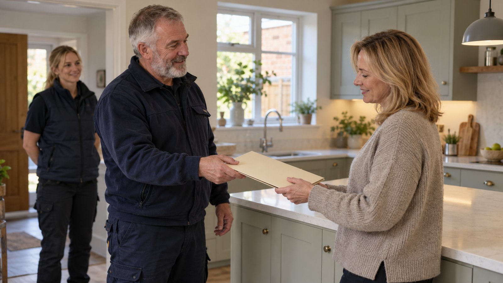 Engineer hands a closed job folder to a homeowner in a completed kitchen
