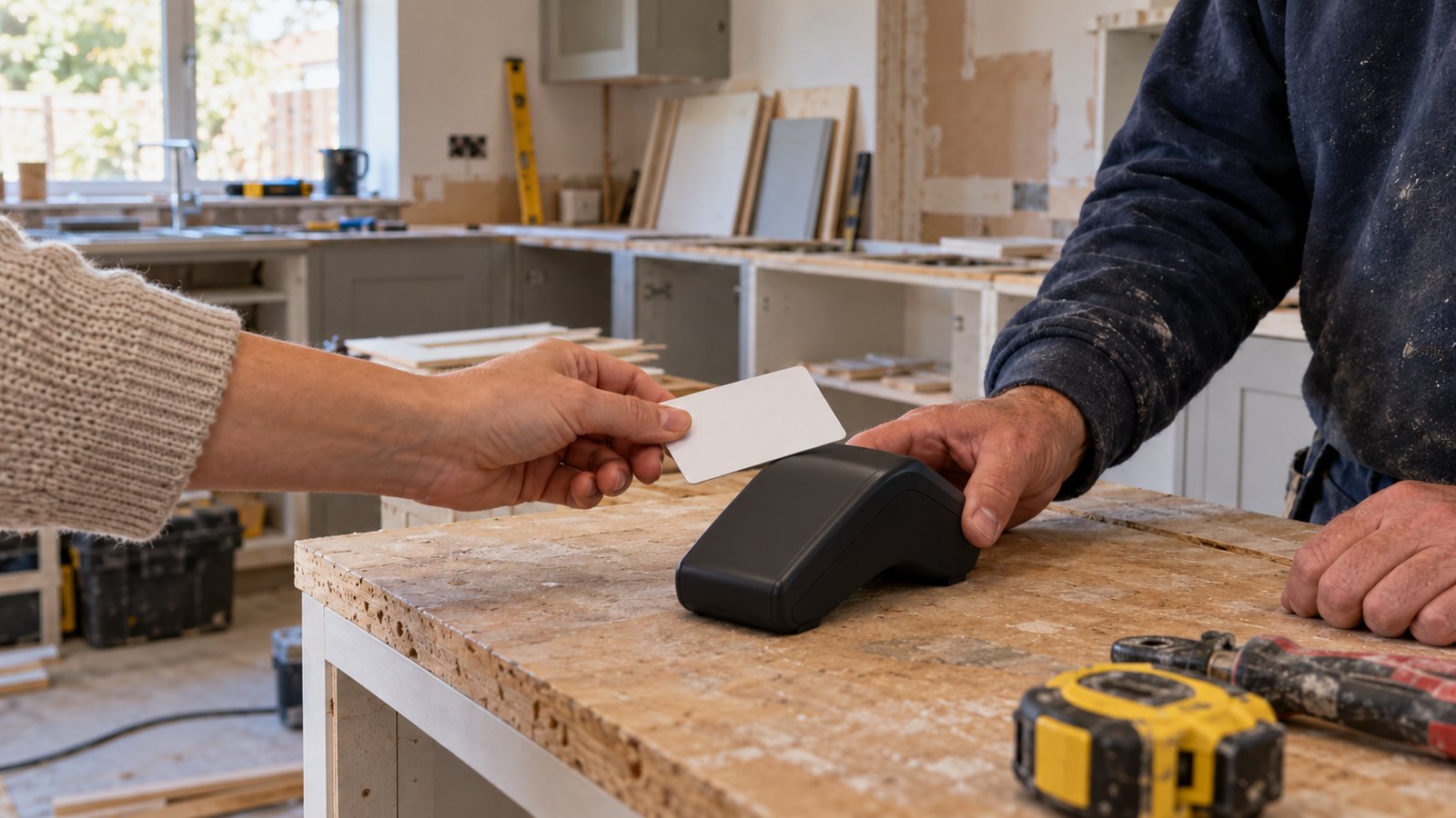 Customer holds a blank card above an unbranded payment reader beside kitchen work in progress