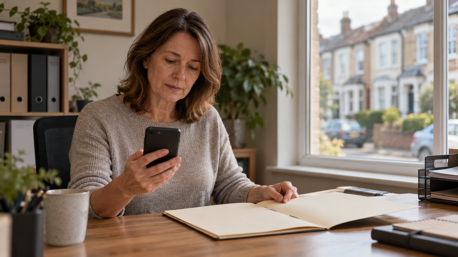 Person looks at a phone beside an open folder in an office