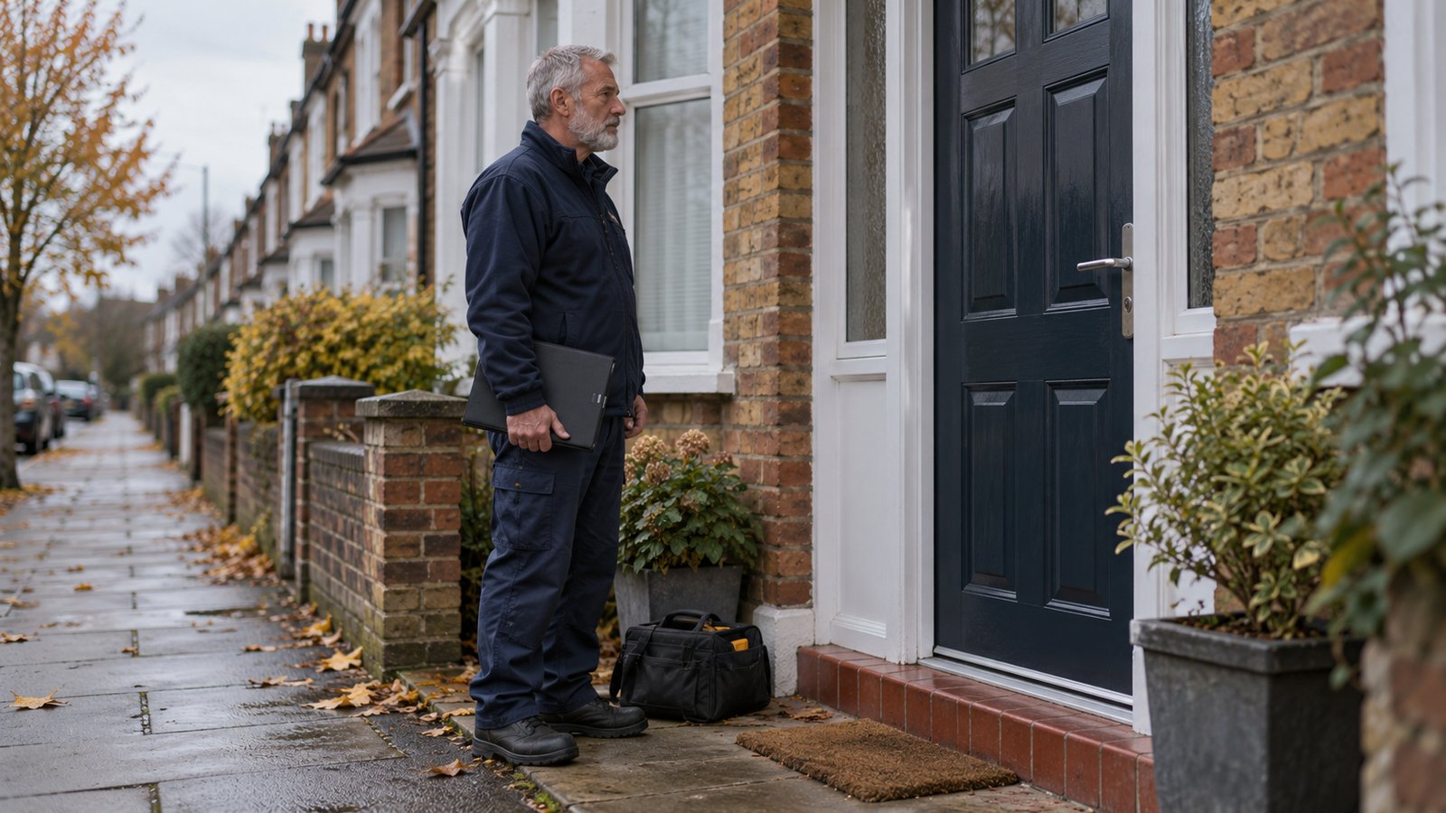 Gas engineer beside a closed front door with a toolbag nearby