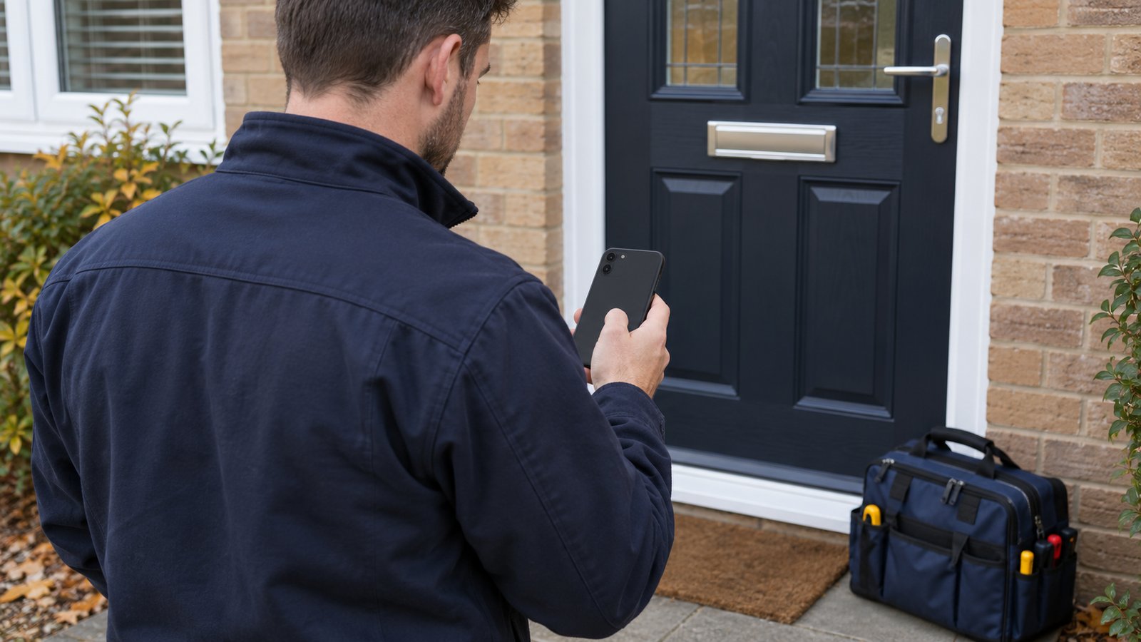 Engineer holds a phone with its screen facing away from the camera beside a closed front door