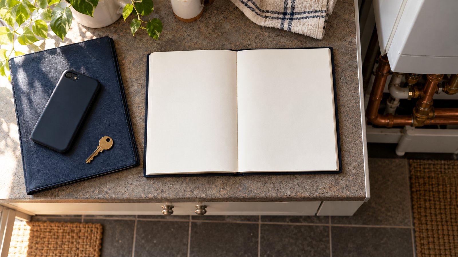 Blank service notebook beside a closed navy folder, face-down phone and key