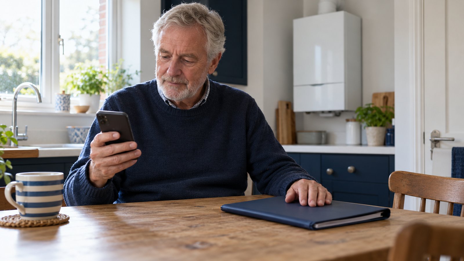Homeowner reads a phone with its screen facing away from the camera, beside a closed navy folder