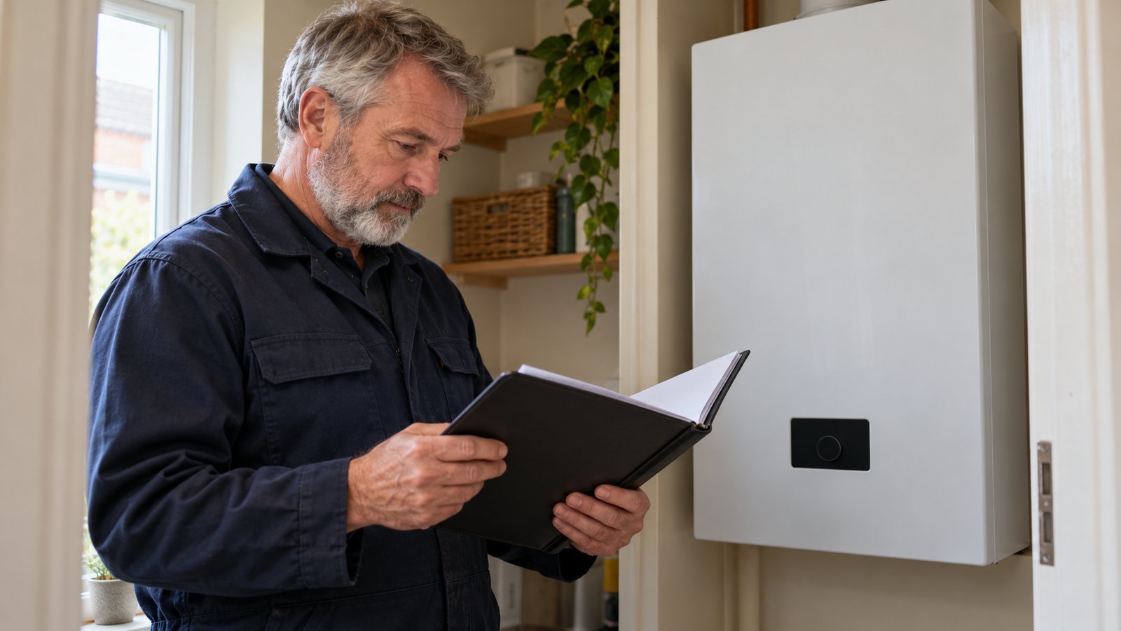 Gas engineer checks a service folder beside a closed domestic boiler