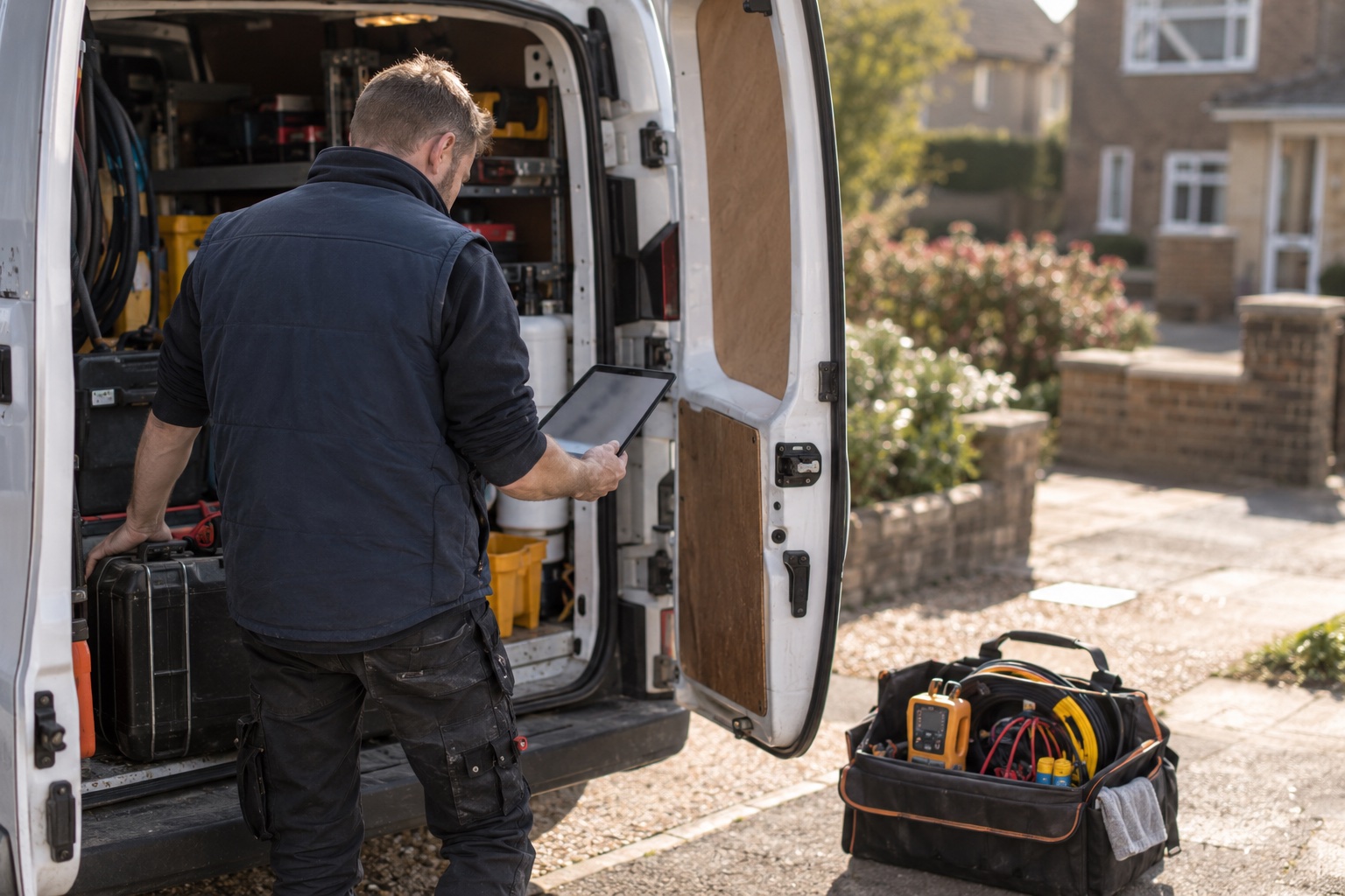 A tradesperson moves between a gas appliance job and an electrical consumer unit job on the same day