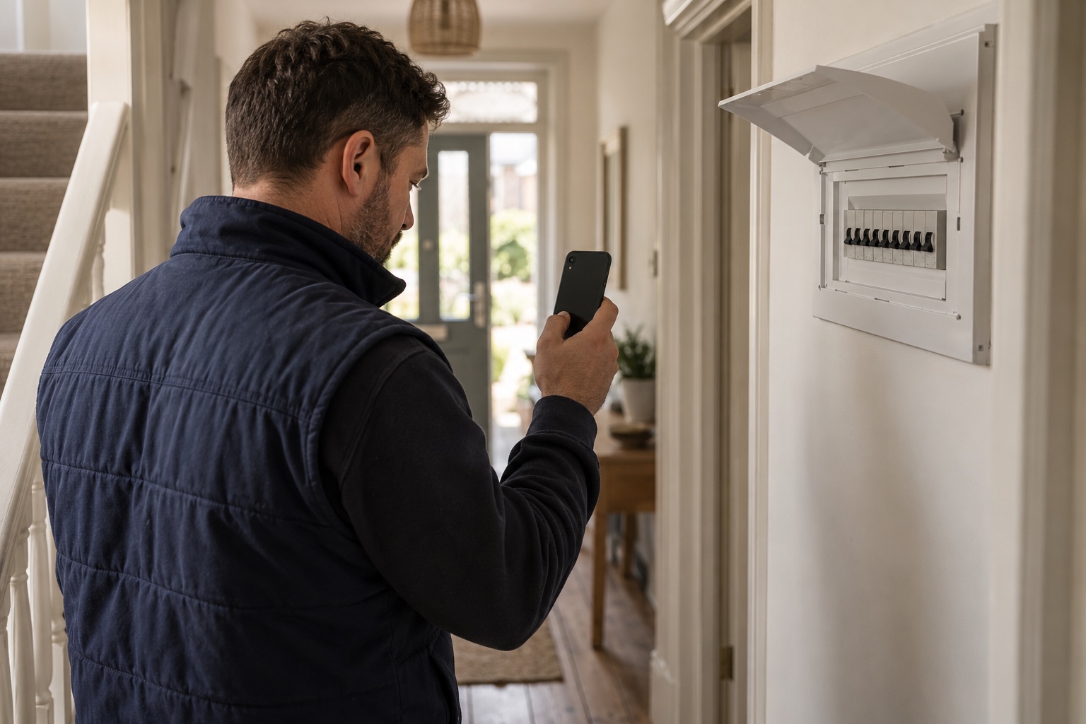A tradesperson checks a job record on a phone in a UK home hallway beside an open consumer unit