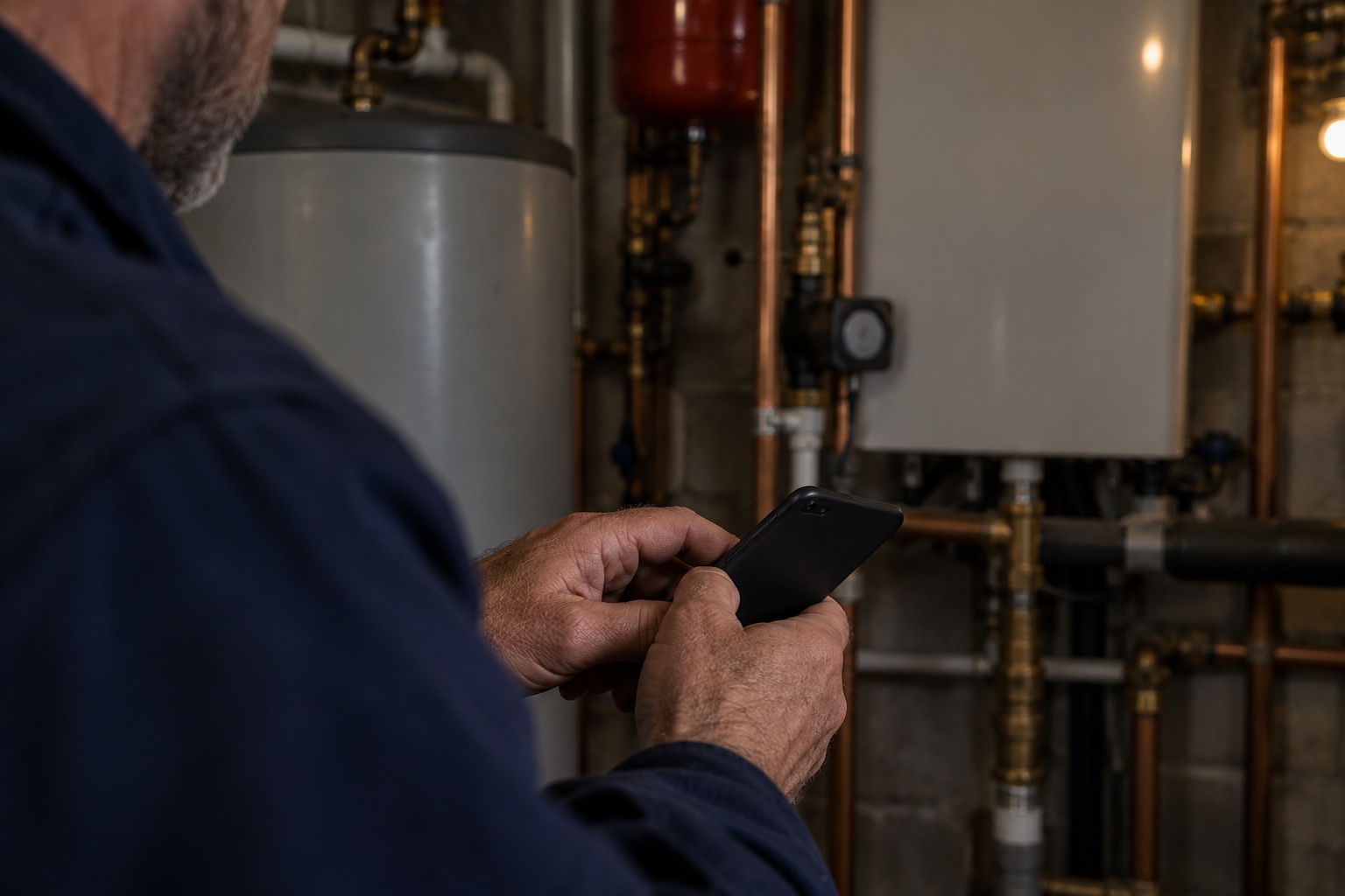 A gas engineer completes a report on a phone in a plant room with no signal