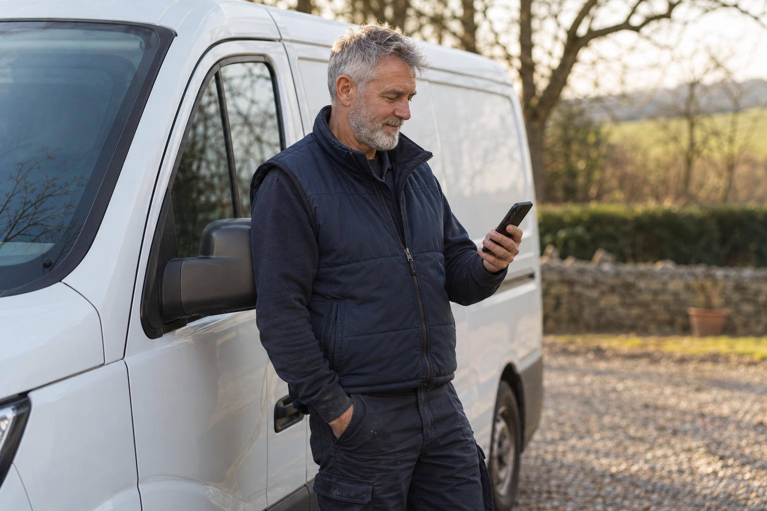 A gas engineer checks his phone beside his van after coming back into signal