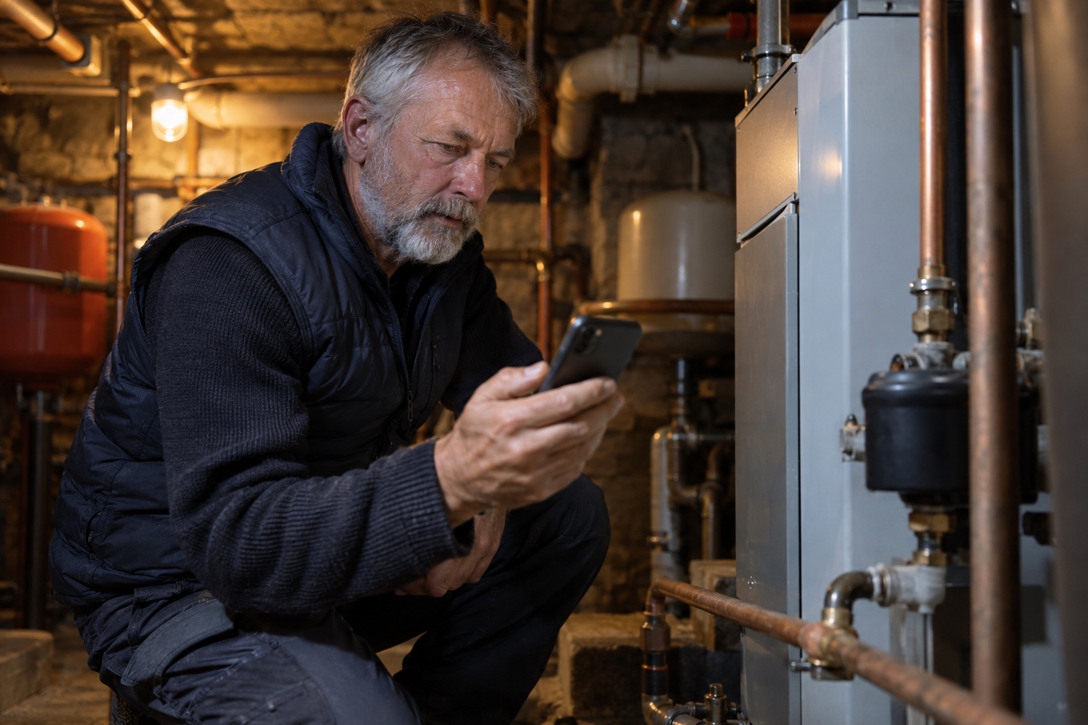 A gas engineer crouches in a signal-dead plant room, phone in hand, completing a job record with no connection