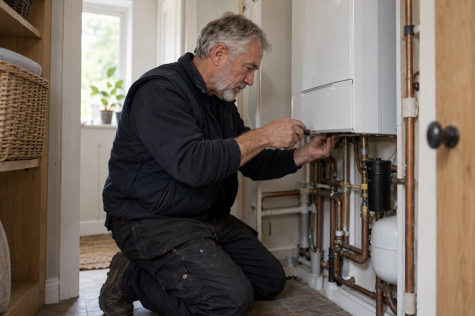 An engineer completes a boiler service booked after a renewal reminder, back at a returning customer's home
