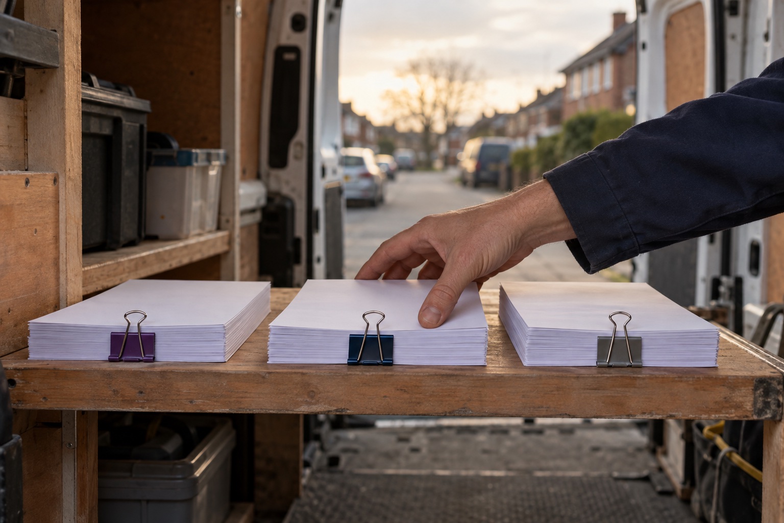 Three stacks of paper, each held by a different coloured clip, rest on a shelf inside a plain van while a hand reaches for one