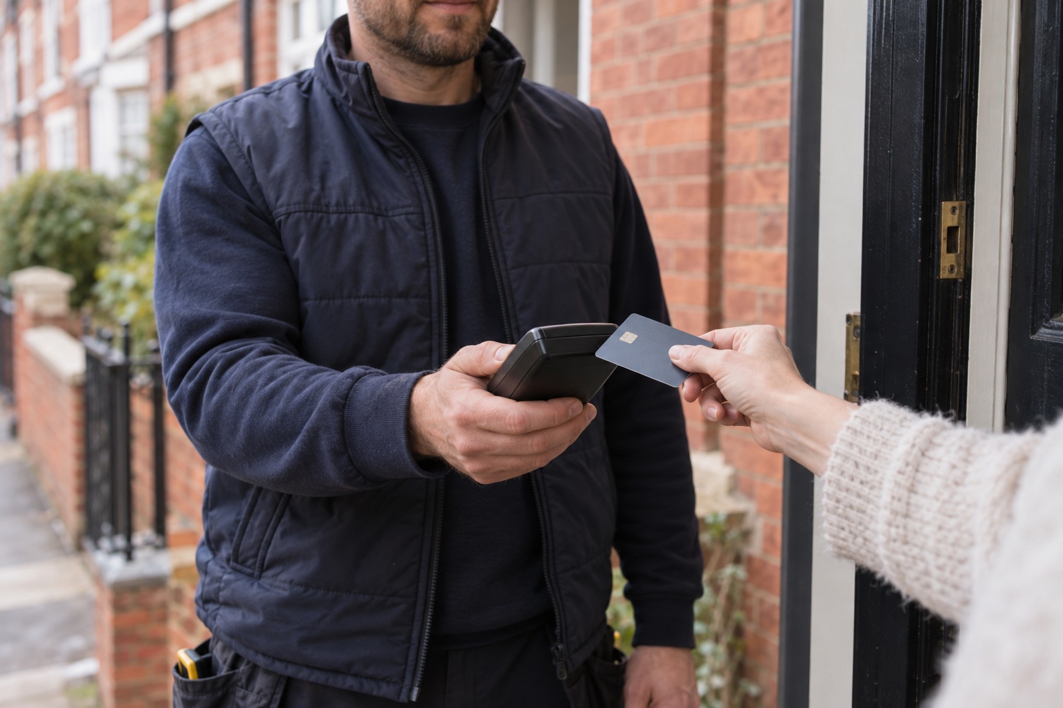 A tradesperson in plain navy workwear holds a card reader towards a customer's hand at a UK front door