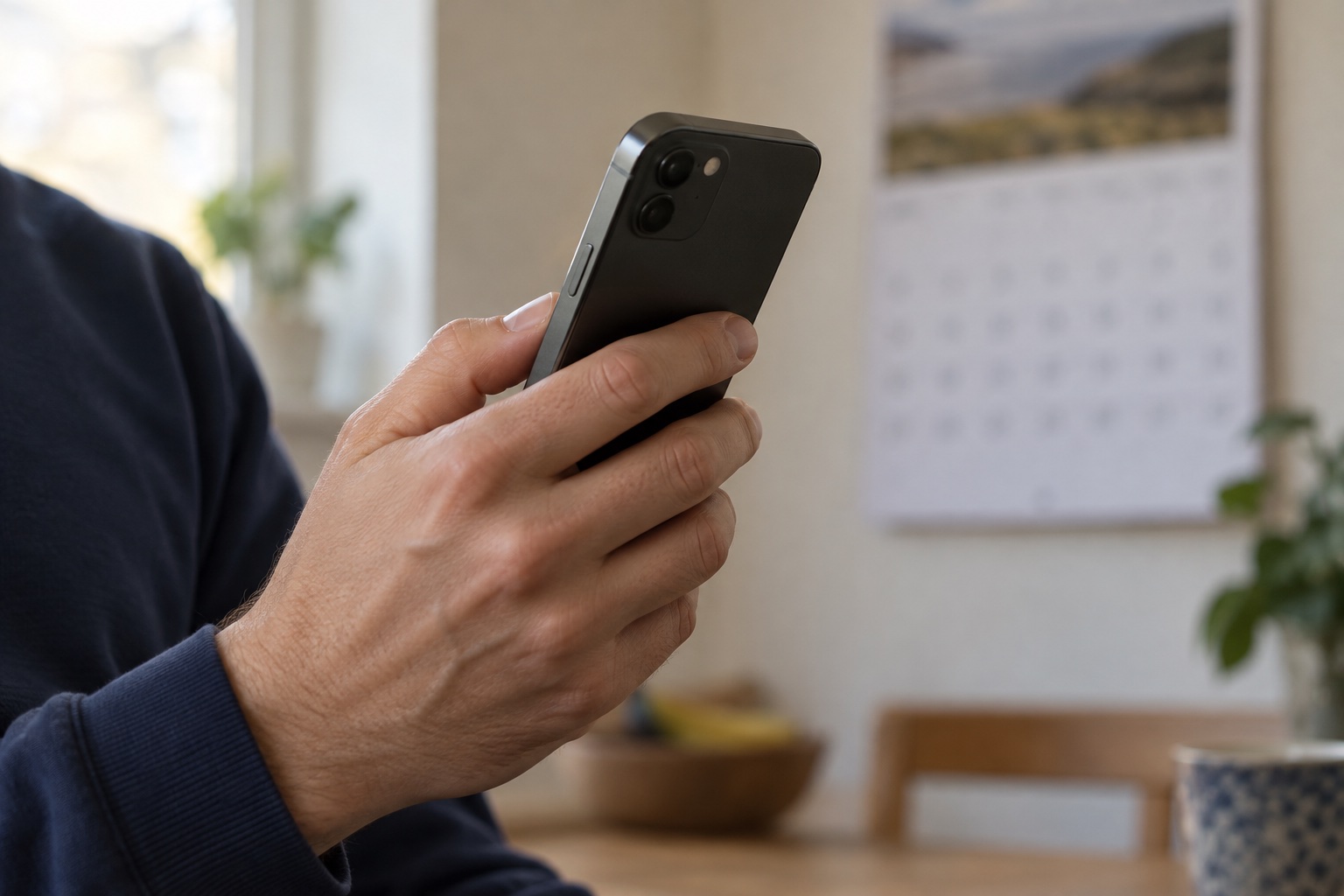 A hand holds a phone, screen away from the camera, in front of a blurred wall calendar.