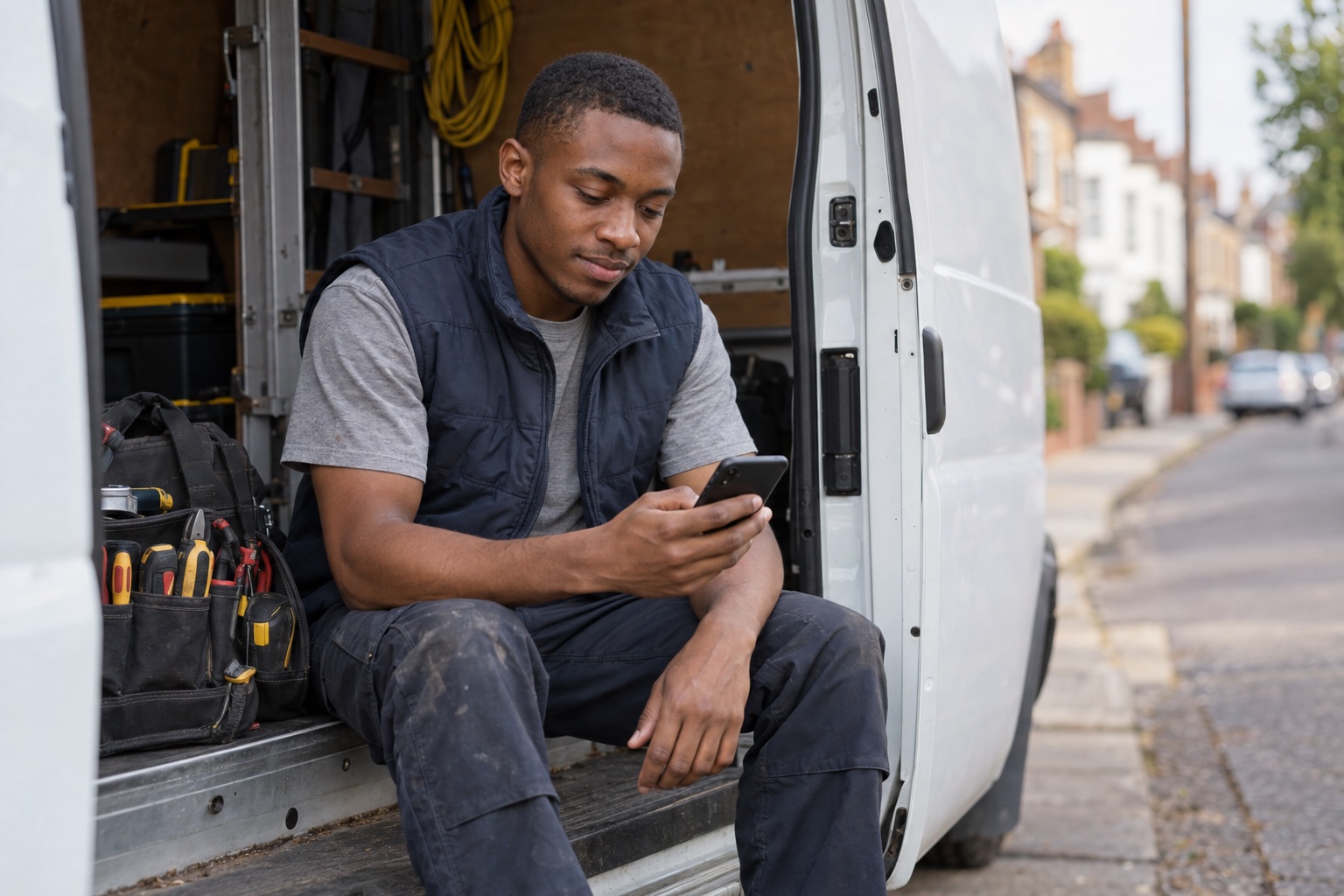 An engineer sits in the open door of a van after a job, looking at a phone