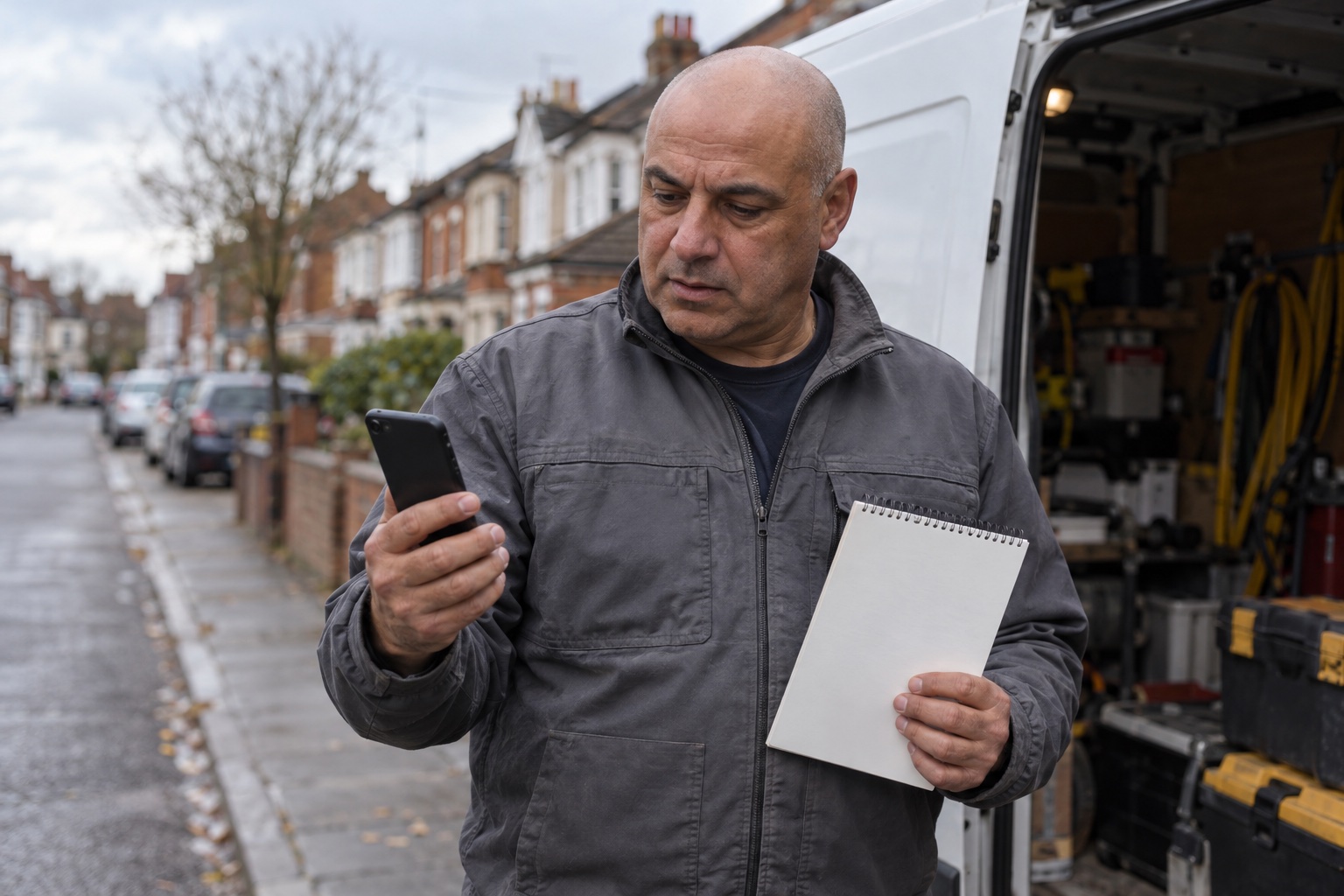 An engineer at an open van door holds a blank pad in one hand and a phone in the other