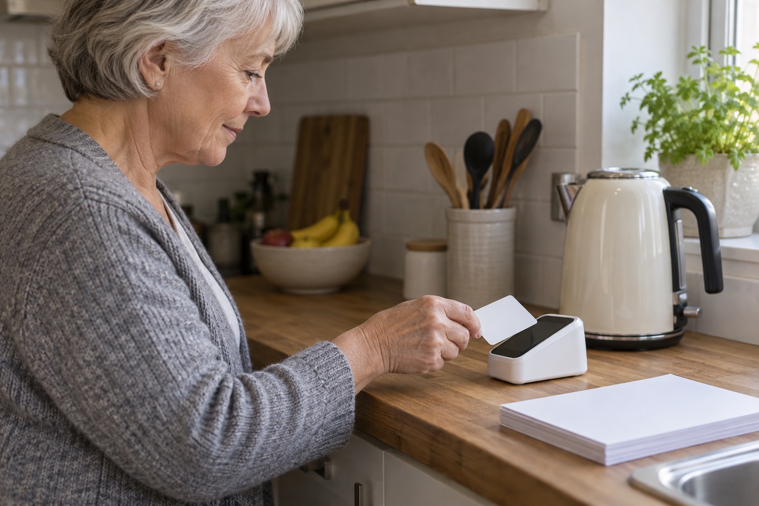 A woman taps a plain blank card on a card reader resting on a kitchen worktop