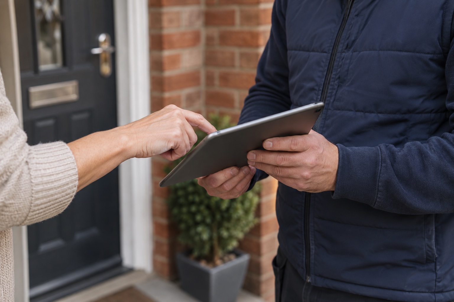 A homeowner points at a tablet held by a tradesperson on a doorstep, the screen angled away from the camera