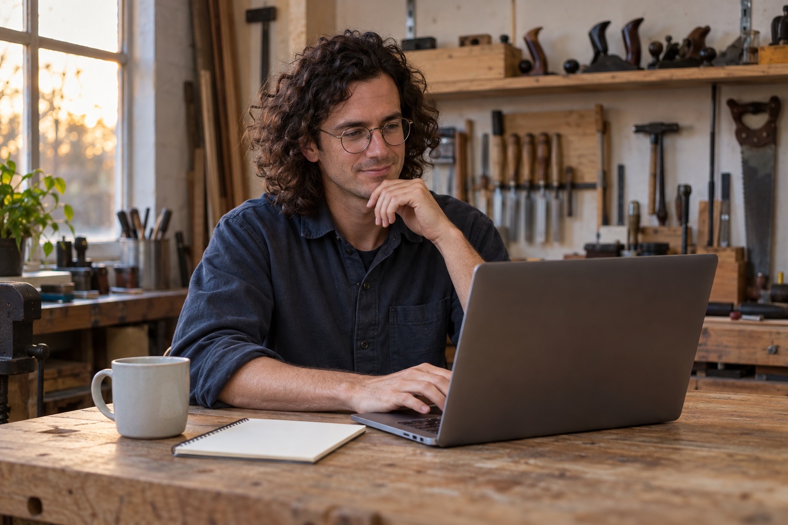 A trade business owner at a workshop desk with a laptop angled away from the camera and a mug, working through quotes