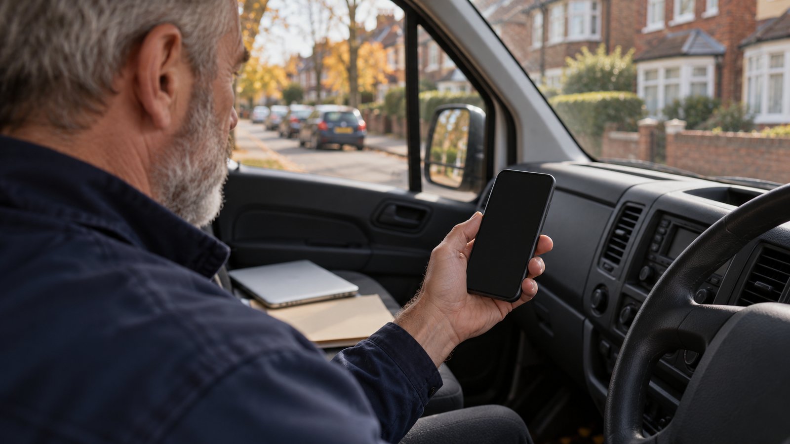 Engineer checks job information on a phone inside a parked work van