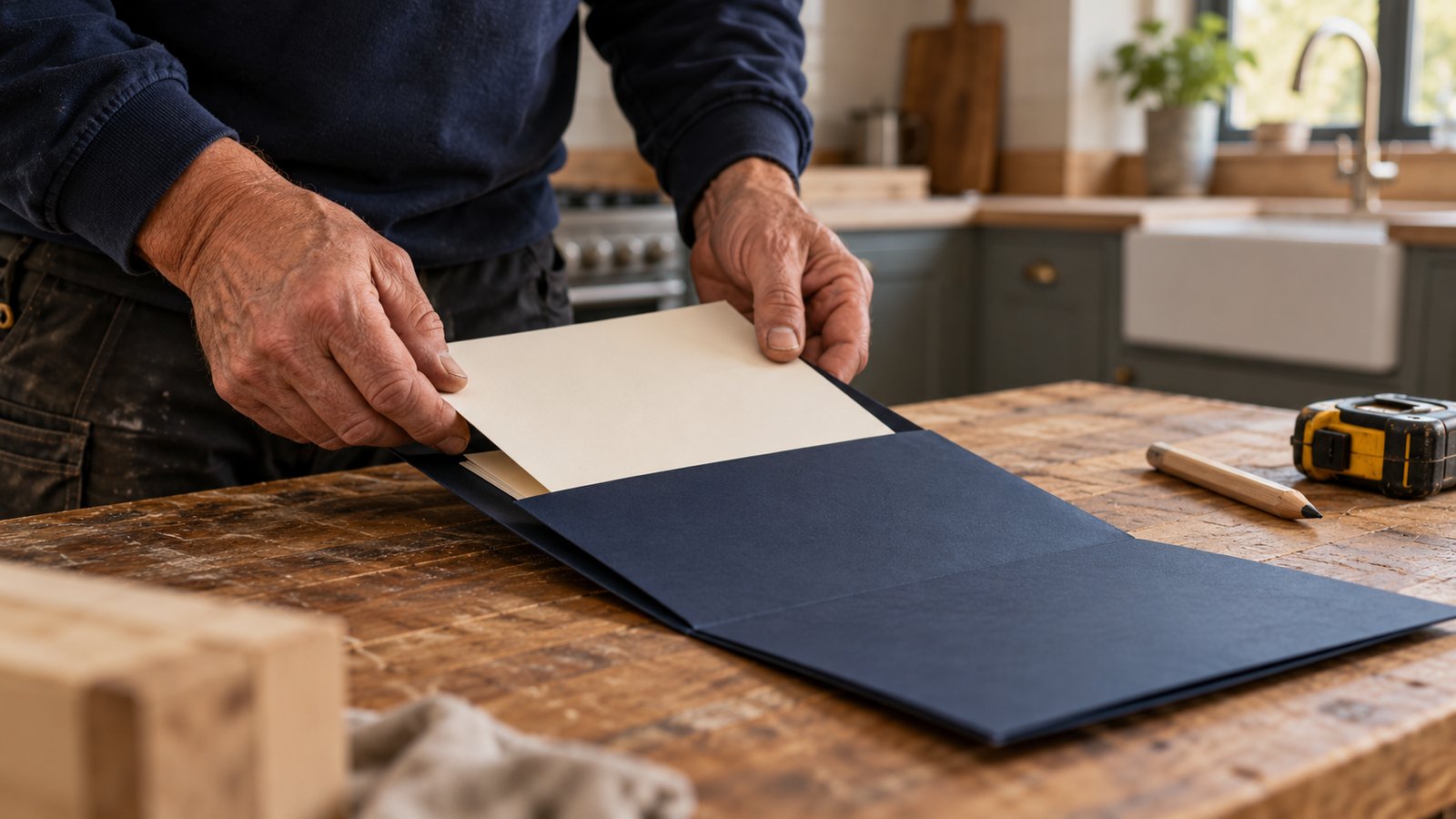 Engineer places a blank sheet into a navy job folder on a kitchen workbench