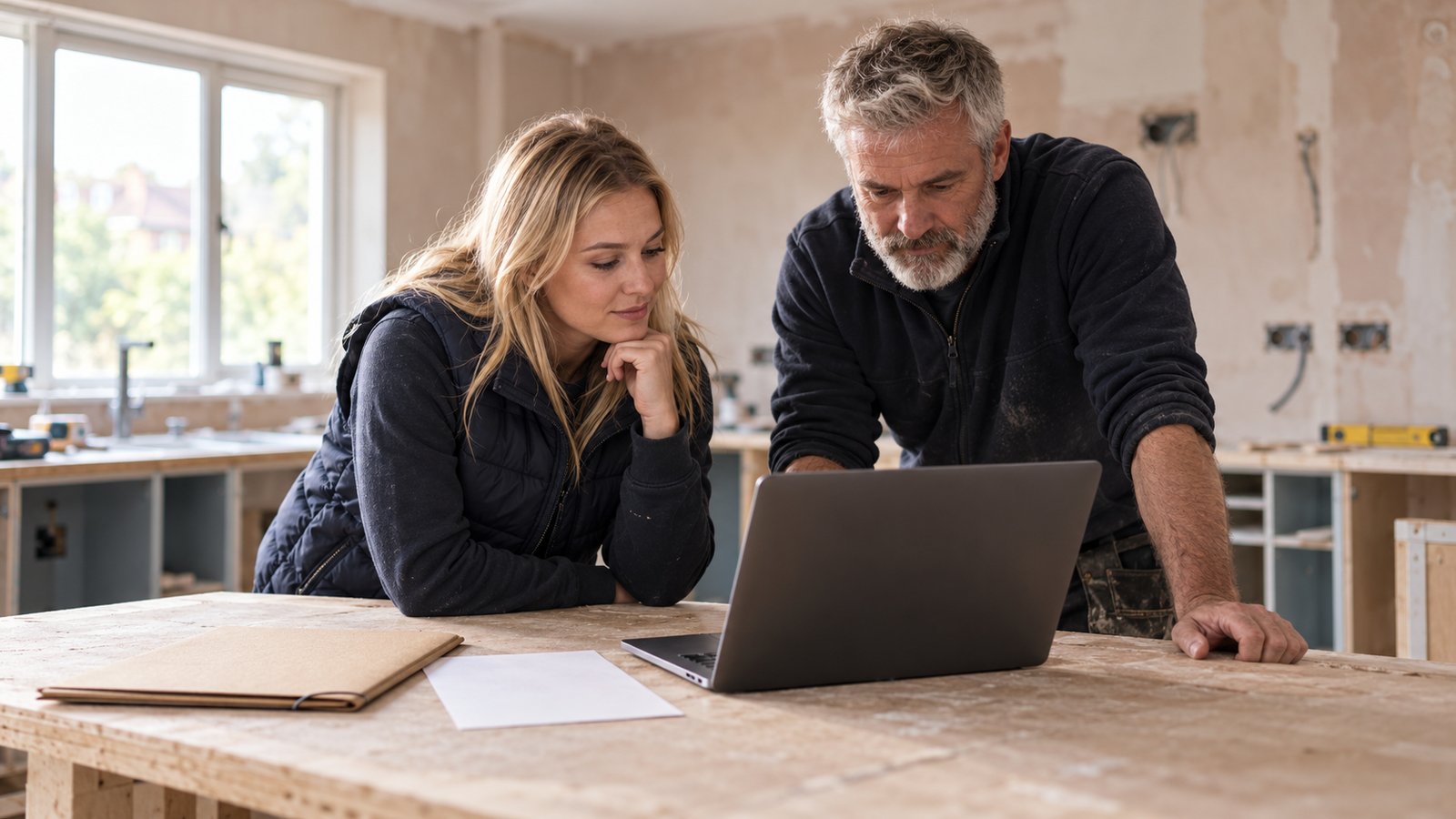 Two trade professionals review a job agreement on a laptop in a kitchen under renovation